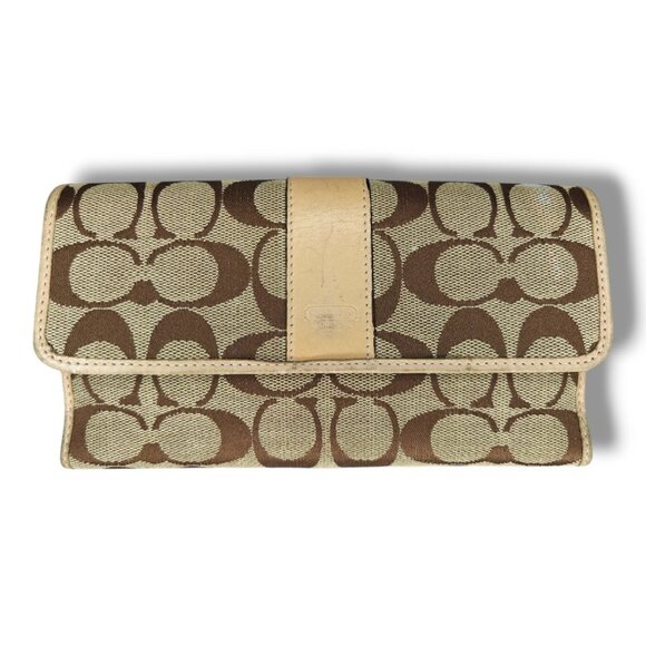 Coach Signature Canvas Women's Leather Wallet Checkbook Beige Brown - Picture 1 of 12